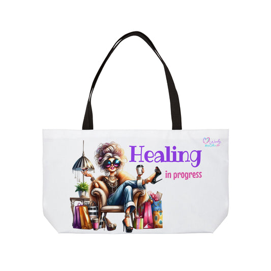 Weekender Tote Bag — "Healing in Progress" Relaxed Self-Care Travel Tote