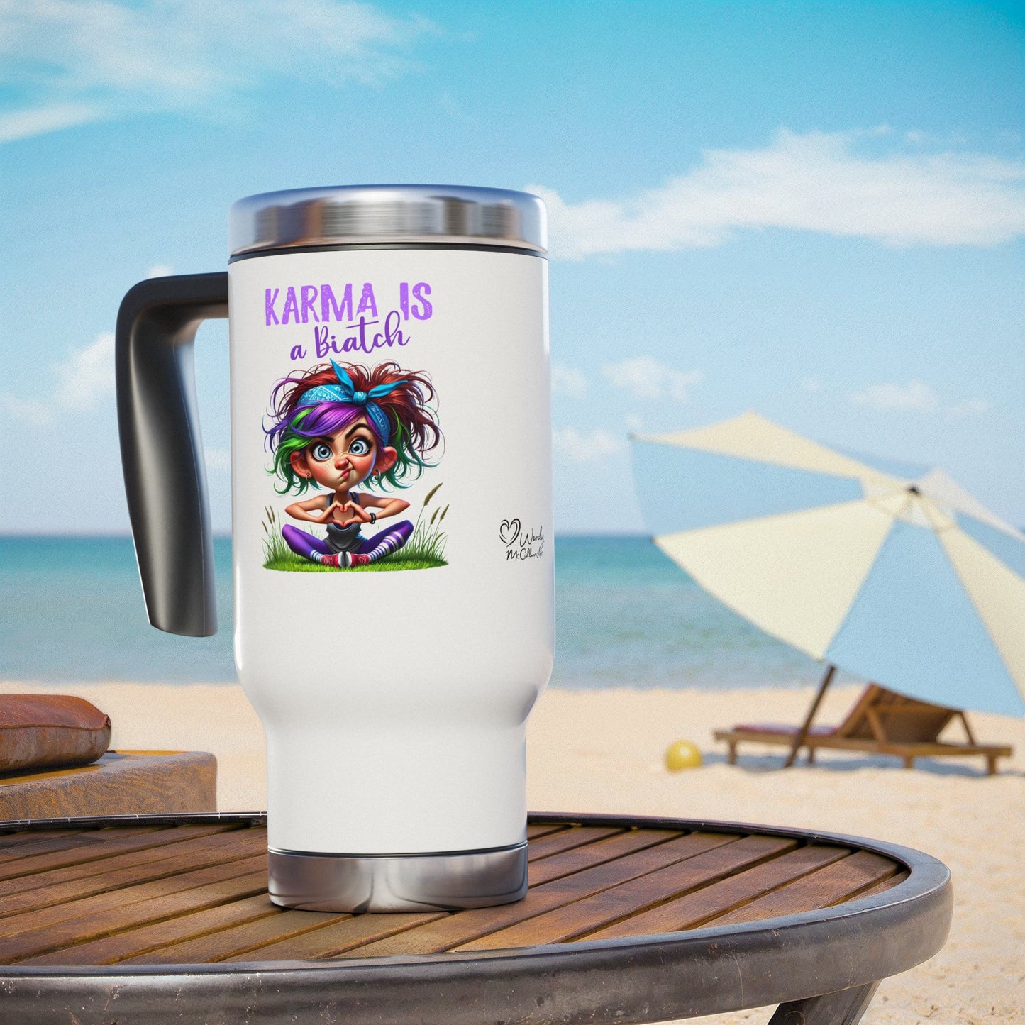 Karma Is a Biatch – Cute but Savage Yoga Girl Stainless Steel Travel Mug (14oz)