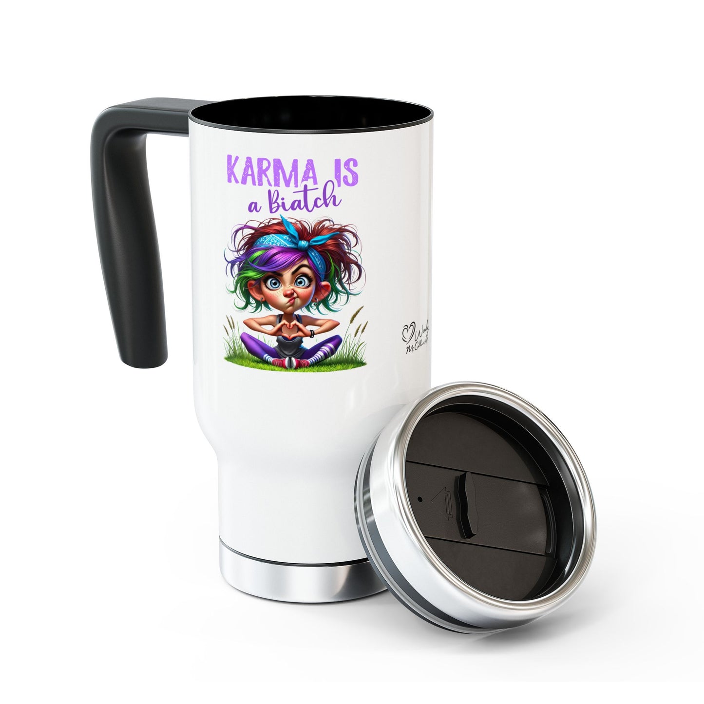Karma Is a Biatch – Cute but Savage Yoga Girl Stainless Steel Travel Mug (14oz)