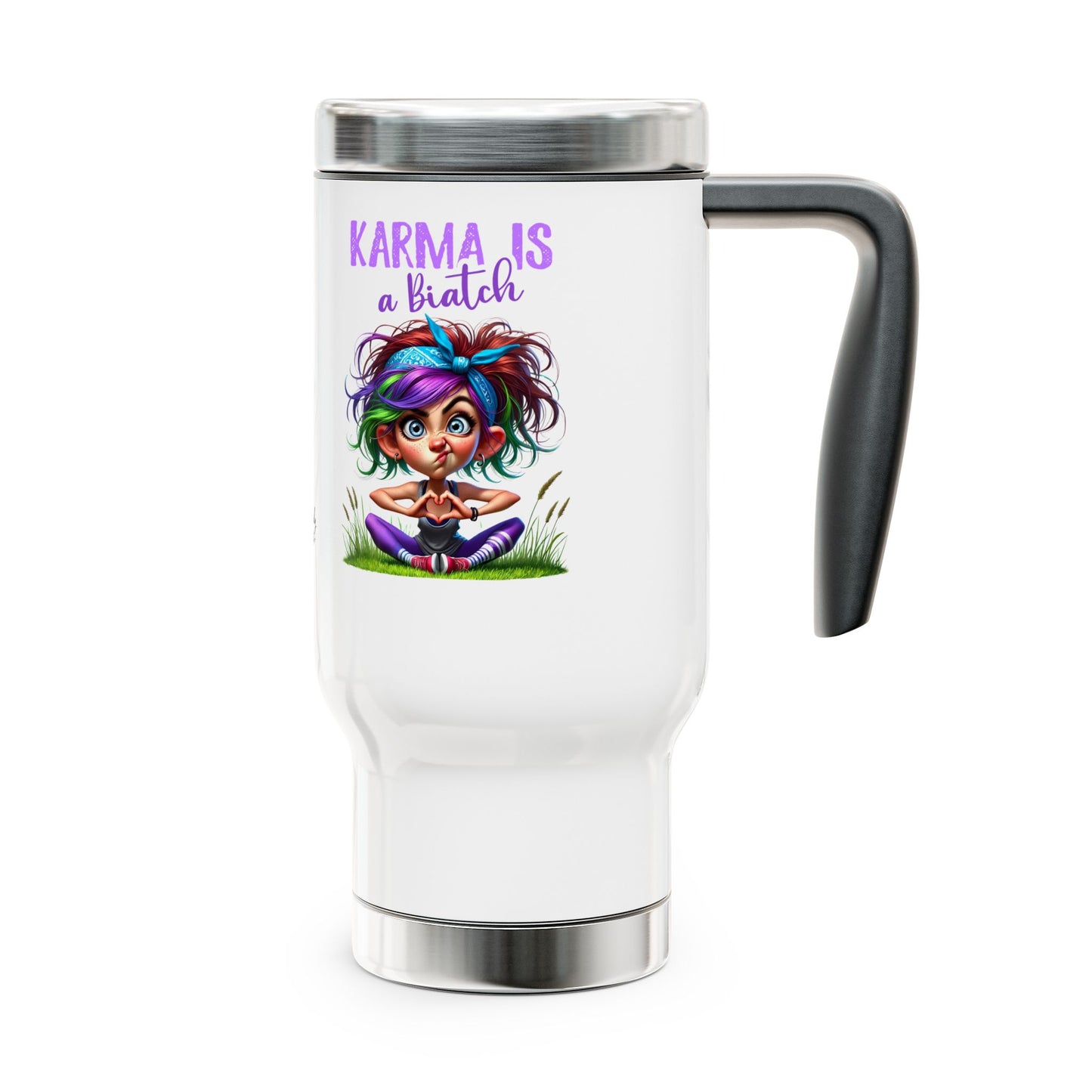 Karma Is a Biatch – Cute but Savage Yoga Girl Stainless Steel Travel Mug (14oz)