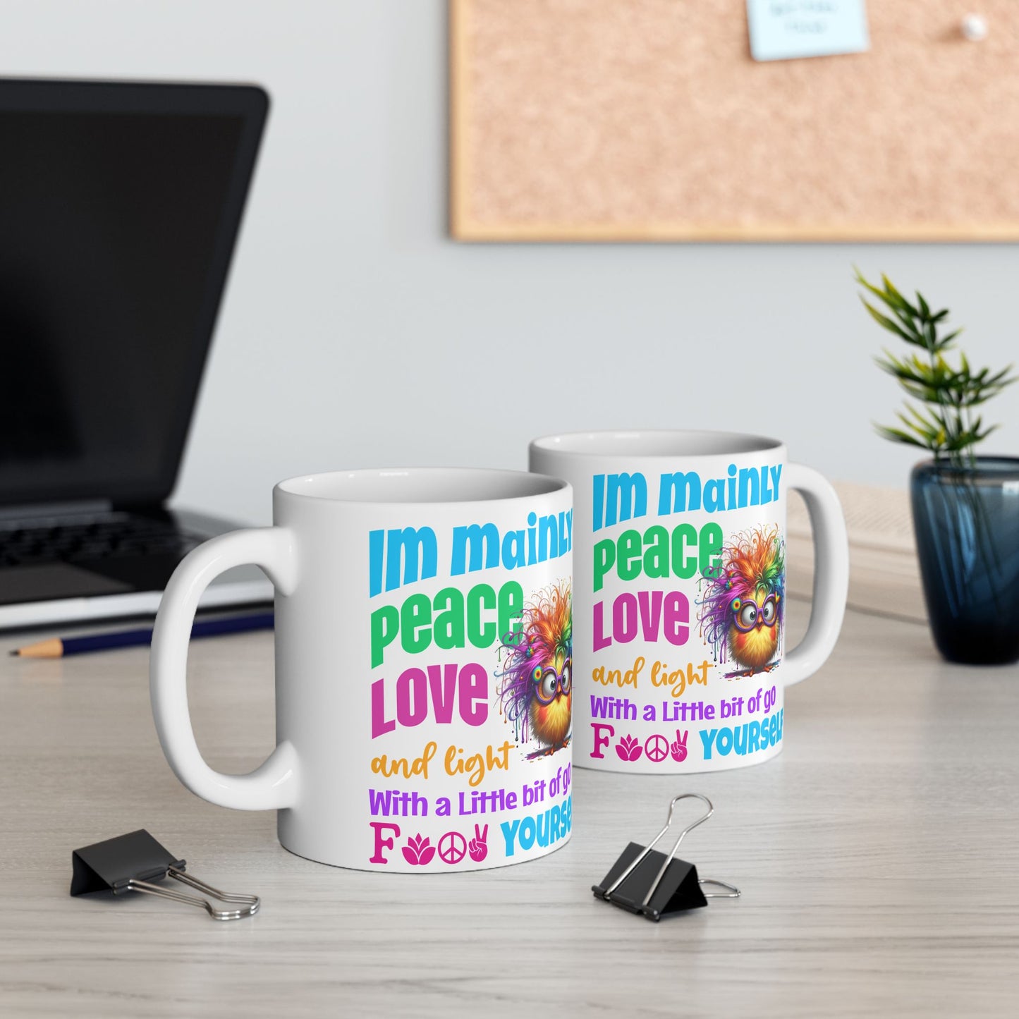 Peace, Love & Light — Colourful Rainbow Chick Spiritual Ceramic Coffee Cup (11oz/15oz)
