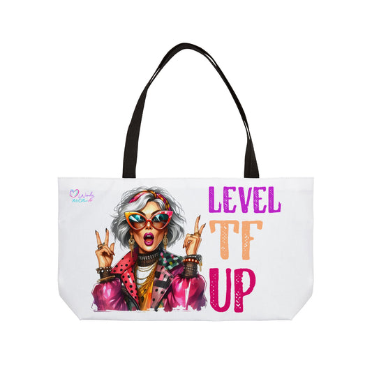 Weekender Tote Bag — "Level TF Up" Funny Retro Grandma Graphic Tote