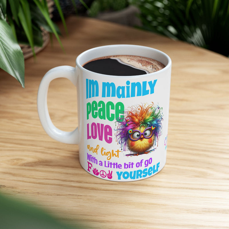 Peace, Love & Light — Colourful Rainbow Chick Spiritual Ceramic Coffee Cup (11oz/15oz)