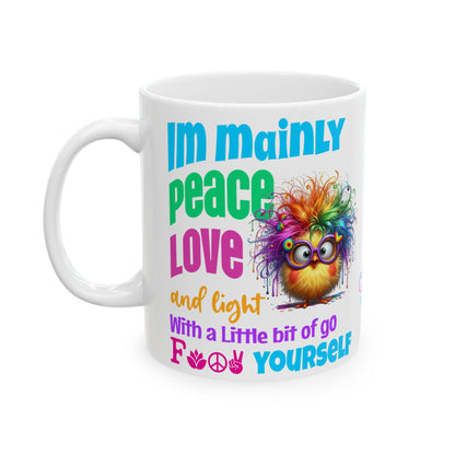 Peace, Love & Light — Colourful Rainbow Chick Spiritual Ceramic Coffee Cup (11oz/15oz)
