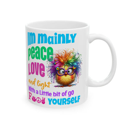 Peace, Love & Light — Colourful Rainbow Chick Spiritual Ceramic Coffee Cup (11oz/15oz)
