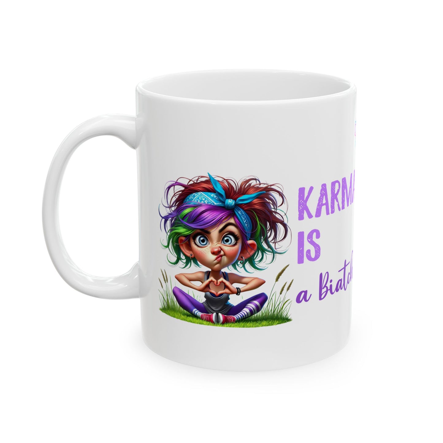 Karma Is a Biatch – Funny Yoga Girl Ceramic Mug (11oz & 15oz)