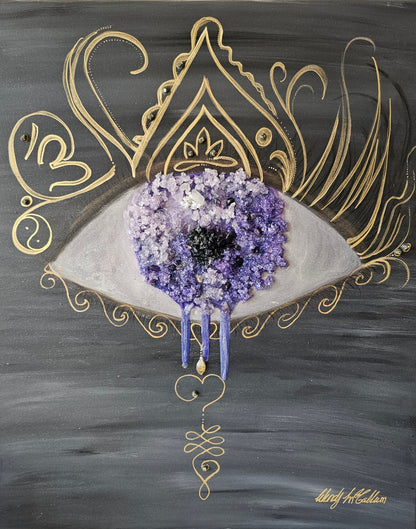 The Soul’s Eye Resin Artwork  shown on this image, the background is acrylic paint, with gold detail, with amethyst quartz and black tourmaline crystals.